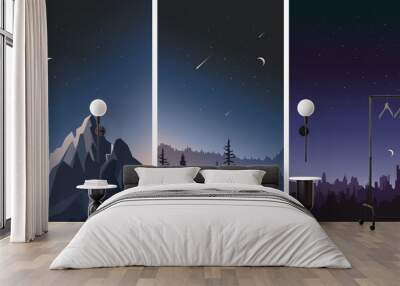 Vector set of night sky landscapes. City, mountains and forest on a background of stars. Wall mural