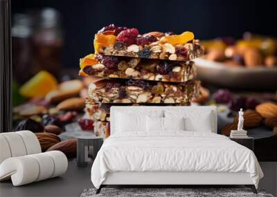 A stack of dried fruit and nut bars, focusing on healthy, portable snack options Wall mural