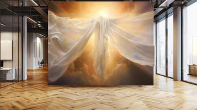 An illustration of a cross draped with a holy cloth, bathed in a soft, glowing light The painting features delicate, ethereal colors and fluid lines, emphasizing the divine presence and spiritual sign Wall mural