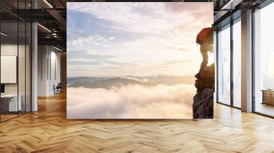 Asia couple hiking help each other on mountains	 Wall mural