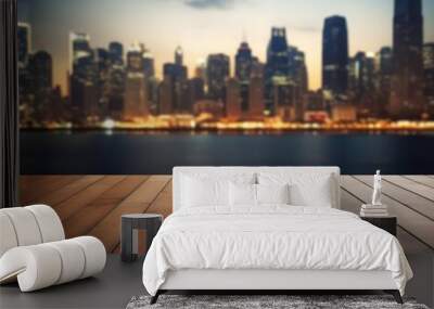 Beautiful cityscape blurred in the background of a shiny wooden floor copy space, urban landscape, futuristic, Overlay, Cityscape Wall mural