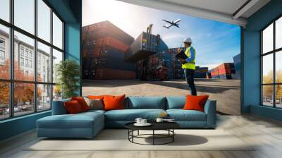 Foreman control loading Containers box to truck Wall mural