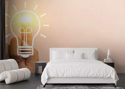 image of creative inspiration and innovative ideas.,hand pointing with glowing light bulb icon on fi Wall mural