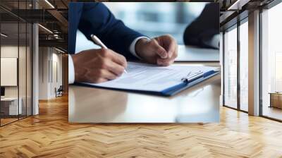 two business people signing a contract, colored in dark blue and white, on a clean white background Include a secondary element of a document folder The image should convey contract agreement, with sp Wall mural