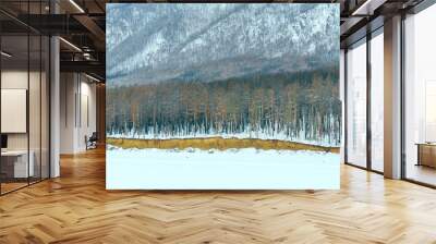 Snow covered the mountain and pine tree forest. Baikal lake, Russia Wall mural