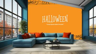 Halloween  horizontal frame black cobweb and spider on orange background ilustration vector. Halloween concept. Wall mural