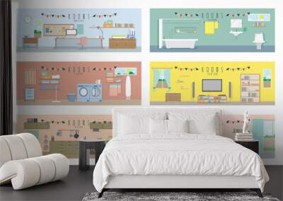 rooms interior, living room, bedroom, kitchen, bathroom, laundry, workspace, set collection illustra Wall mural