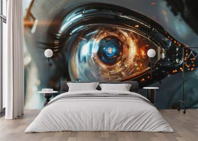 Futuristic AI Robot Eye Scanning Battlefield with Intense Focus and Precision Wall mural