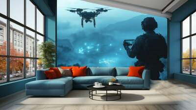 Futuristic Military Technology Concept - Soldier Operating Drone to Survey Artificial Intelligence Enemy Bases Wall mural