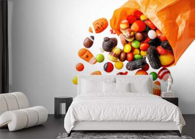 Spooky Halloween Treats Overflowing from Bag on White Background Wall mural