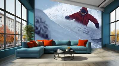 Thrilling Snowboarder Carving Through Fresh Powder on Steep Mountainside Wall mural