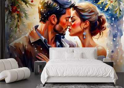 Colorful illustration of romantic couple close together with affection, valentine love concept Wall mural