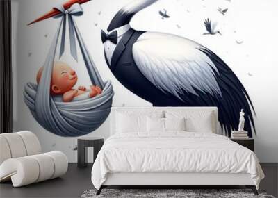 Crane stork in tuxedo delivering baby illustration in white background  Wall mural