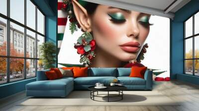 side profile Avant Garde  lady closed eyes dressed as Santa’s elf holding Christmas decorations ball on studio background Wall mural