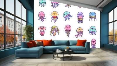 Cute kawaii jellyfish. Funny cartoon characters of the underwater world. Hand drawn style. Vector drawing. Collection of design elements. Wall mural