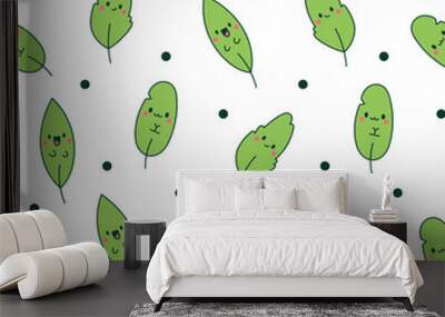 Funny kawaii leaf cartoon character. Seamless pattern. Cute nature plant. Hand drawn style. Vector drawing. Design ornaments. Wall mural