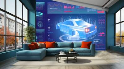 3D hologram of a car with HUD UI GUI interface elements. Scan and complete car diagnostics with futuristic user interface elements Wall mural