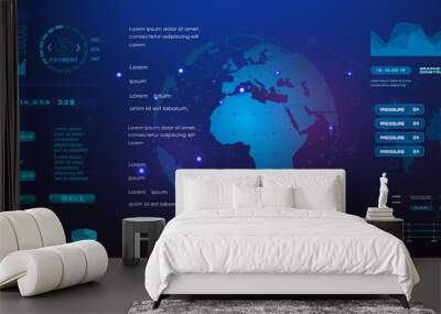 Futuristic concept banner with earth globe. Innovative user interface with HUD elements. World Internet technologies and communications. Planet data with description and HUD style diagrams Wall mural