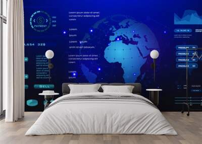 Futuristic concept banner with earth globe. Innovative user interface with HUD elements. World Internet technologies and communications. Planet data with description and HUD style diagrams Wall mural