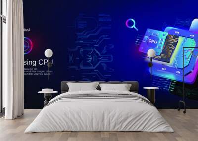 Modern CPU illustration. Computer processor. Futuristic microprocessor with mobile phone. New generation digital chip with HUD elements. Advanced internet technologies Wall mural