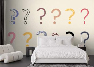 Doodle drawings of question marks and interrogation points hand drawn with colorful contour lines, problem or toruble symbols on background flat vector illustration. Wall mural