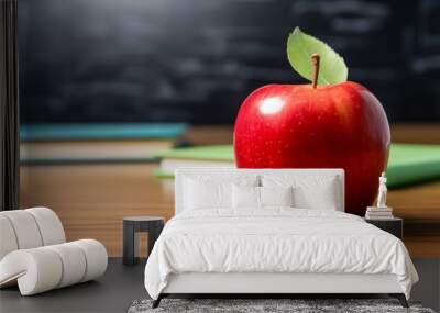 Photo of a ripe red apple sitting on a teacher's desk in a classroom in front of a chalkboard Wall mural