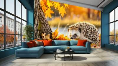 A cute little hedgehog stands on the bank of an autumn lake Wall mural