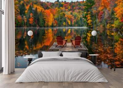 A peaceful lakeside scene with two wooden chairs on the dock Wall mural