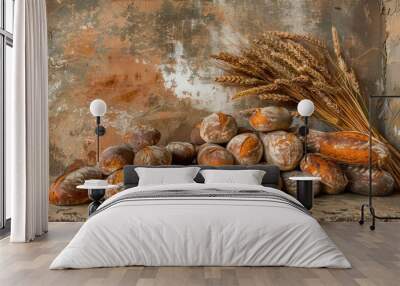 A rustic scene featuring freshly baked bread Wall mural