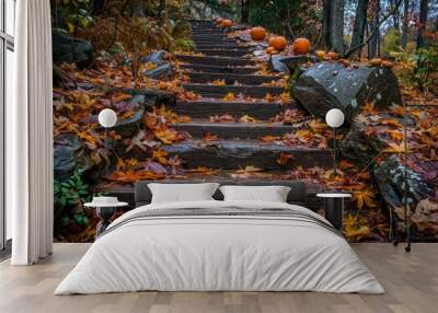 rustic wooden steps with pumpkins and fall leaves Wall mural