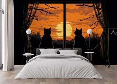 silhouette of two cats sitting in the front window Wall mural