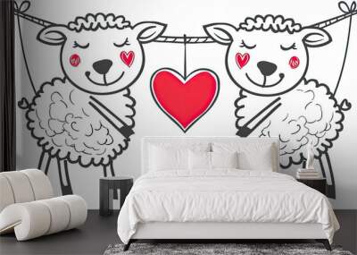 Two cute cartoon sheep hanging on a clothesline Wall mural