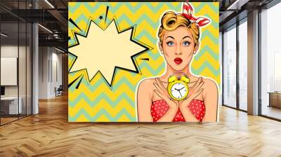 Beautiful pin up model with alarm clock vector illustration in pop art style Wall mural