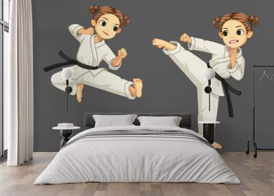 Cute little karate girl in karate pose Wall mural