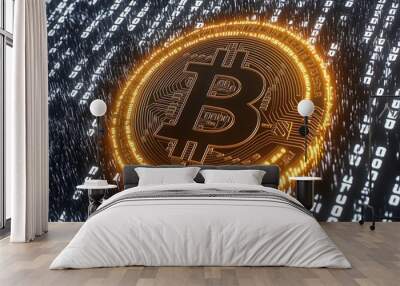 Glowing Bitcoin symbol surrounded by binary code, representing digital currency and blockchain technology concepts in a futuristic setting. Wall mural