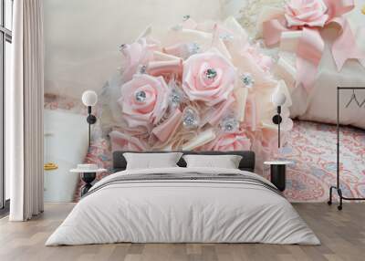 Faux Pink roses and ivory bouquet
 Wall mural