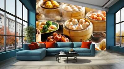 Chinese dim sum in bamboo steamer, chinese traditional food Wall mural