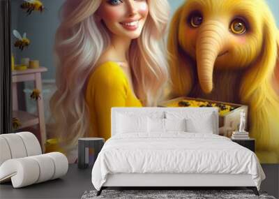 Yellow model girl with elephant  Wall mural