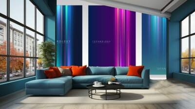 Colorful lights cover set. Strips of neon ray on gradient background. Abstract glowing effect.  Wall mural