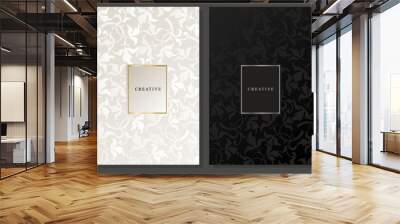 Luxury cover set with floral pattern. Elegant golden and glossy foliage on black, platinum and pink background.  Wall mural