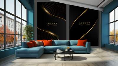 Luxury gold and black covers. Modern design, wavy gold  lines and shiny on gradient dark background. Elegant pattern for business, deluxe events, invitations. Wall mural