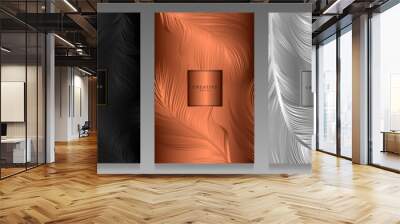 Metal covers with feathers. Elegant gold, black, copper, silver and platinum brochures. Vector template, plumage collection, luxury backgrounds. Wall mural