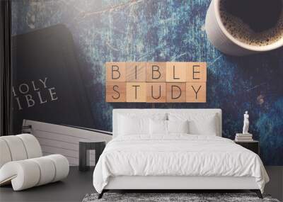 Bible Study Written in Block Letters on a Blue Wood Table with a Bible Wall mural