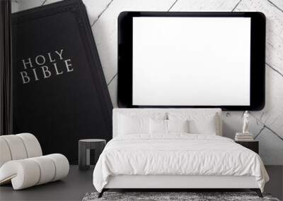 Join Us in Block Letters on a White Wooden Table with a Black Bible and Tablet Wall mural