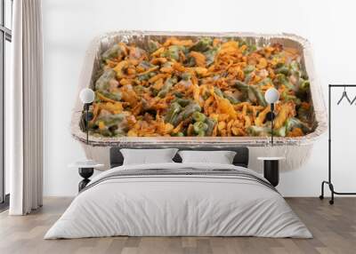 Pan of Traditional Green Bean Casserole with Fried Onions Isolated on a White Background Wall mural