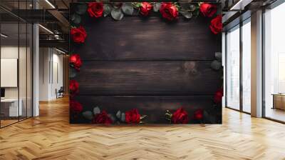 Rose Floral Border with Copy Space on a Dark Wood Surface Wall mural