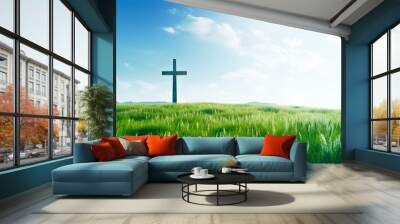 The Cross of Christ in a Green Field on a Sunny Day with White Clouds in the SKy Wall mural