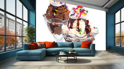 Vanilla and Chocolate Sundaes Isolated on a White Background with Cherries on Top Wall mural