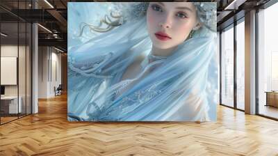 Frosted Ethereal Fashion- Ethereal fashion for youth adapted for a glacial era. Imagine flowing, sheer dresses with delicate frost-like patterns, paired with long, flowing capes ad Wall mural