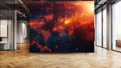 A digital world map with glowing red and orange data points and lines Wall mural